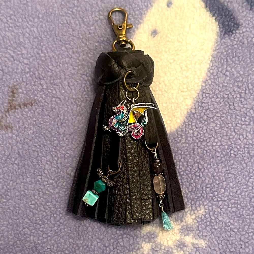 Black leather dragon charm tassel purse flair